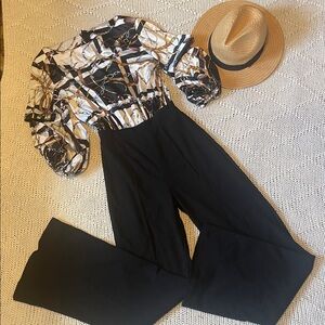 Valentine Chain Print Ruffle Sleeve Wide Leg Jumpsuit Black White Size S